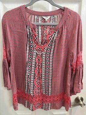 crown & ivy Coral Pink Printed Tunic with Crochet Trim